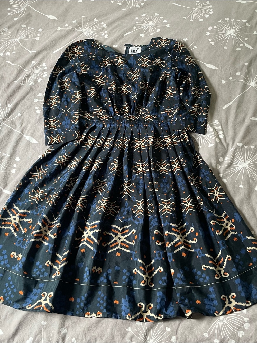 Navy Blue Midi Dress with Cream & Rust Pattern